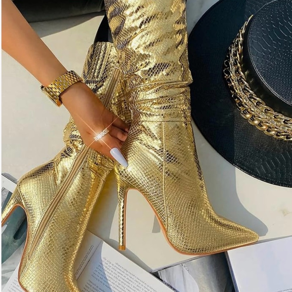 Mid Calf Metallic Snake Skin- microfiber Boots for Women.